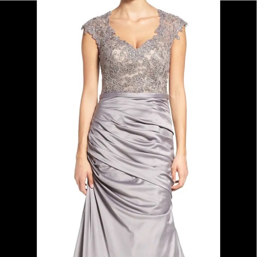 La Femme Embellished Lace and Satin Gown Trumpet